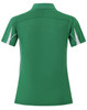 A green short sleeve polo shirt with white detailing and a collar, featuring a logo on the back.