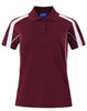 A maroon short sleeve polo shirt featuring white accents and a logo on the collar.