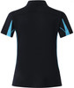 A black polo shirt with short sleeves featuring turquoise accents and a logo on the back.
