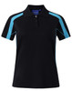 A black polo shirt with turquoise accents, featuring a classic collar and a logo. Perfect for casual wear.