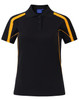 A black and yellow short sleeve polo shirt with a branded logo on the front and contrasting side panels.