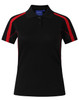 A short sleeve polo shirt in dark brown with red accents and a logo on the chest.
