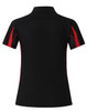 A black short sleeve polo shirt with red accents and a logo on the collar.
