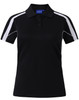 A black short sleeve polo shirt featuring white accents and a logo on the collar.
