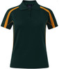 A green polo shirt with yellow detailing and a logo on the chest. Short sleeves and a classic collar design.