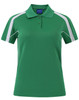 A green and white short sleeve polo shirt featuring a collar and contrasting side panels, with a logo on the chest.