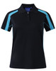 A black polo shirt with turquoise accents and short sleeves, featuring a logo on the collar.