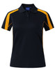 A black short sleeve polo shirt with orange side panels and a logo on the collar.