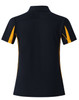 A black polo shirt with short sleeves featuring orange side panels and a logo. Back view displayed.