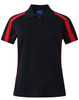 A black polo shirt with red accents, featuring short sleeves and a collar. It has a logo on the chest area.