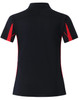 A black polo shirt with red accents and a collar, featuring a logo on the front.