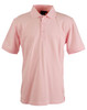 A light pink polo shirt with a collar and three buttons, featuring a logo on the chest.