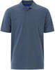 A navy blue men's cotton stretch polo shirt with a collar and three buttons, featuring a logo.