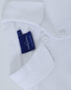A white men's cotton stretch polo shirt with a collar, featuring three buttons and a branded tag.
