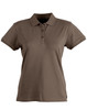 A brown ladies' polo shirt with a collar, three buttons, and short sleeves. It features a logo on the chest.