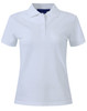 A white ladies cotton stretch polo shirt with a collar and a three-button placket. Features a logo on the chest.