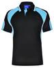 A black polo shirt with light blue accents and a logo on the collar. Short sleeves and a classic fit design.