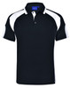 A black polo shirt with white accents and a branded logo on the chest area.