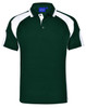 A green polo shirt with white accents and a logo on the chest. Features a classic collar and short sleeves.