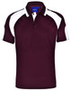 A maroon polo shirt featuring white panel accents and a collar. It has a logo on the chest area.