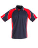 A polo shirt featuring a navy body with red accents and a collar, showcasing a logo on the front.