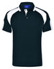 A black and white men's polo shirt featuring a collar, short sleeves, and a logo on the chest.