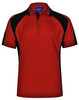 A red polo shirt with black accents, featuring a collar and a logo on the upper part.