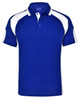 A blue polo shirt with white accents and a logo on the front. Features a collar and short sleeves.
