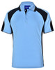 A light blue polo shirt with black accents and a logo on the chest area.