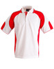 A red and white men's polo shirt featuring a logo and a sporty design with short sleeves.