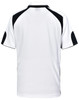 A white polo shirt with black accents and a logo on the back. Suitable for casual wear.
