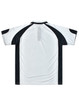 A men's polo shirt in white and black, featuring a logo on the back and a classic collar design.