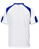 A white polo shirt with blue accents, featuring short sleeves and a collar. It has a logo on the front.