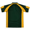 A polo shirt featuring a green and yellow design, with a logo on the back.