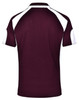 A maroon polo shirt with white detailing and a logo on the back.
