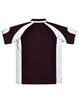 A brown and white polo shirt featuring a logo, with contrasting panels on the shoulders and sleeves.