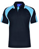 A black polo shirt featuring blue accents and a logo on the collar. Short sleeves with contrasting details.