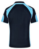 A navy blue polo shirt with light blue accents and a logo on the back.