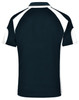 A men's polo shirt in navy with white detailing and a logo on the back.