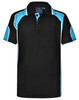 A black polo shirt with blue accents and a collar, featuring a three-button placket and a logo.