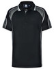 A black polo shirt with grey accents and a logo, featuring a classic collar and short sleeves.