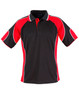 A black and red polo shirt featuring contrasting white piping and a logo on the chest.