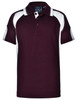A maroon polo shirt with white accents and a logo on the chest. Features a classic collar and buttons.