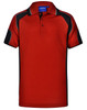 A red polo shirt with black accents and a collar, featuring a logo on the label.