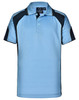 A light blue polo shirt with dark blue accents and a logo on the chest. Features a classic three-button placket.