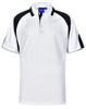 A white polo shirt with black sleeves and a collar. Features a logo on the chest.