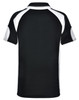 A black polo shirt with white accents and a logo on the back.