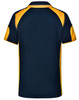 A navy blue and yellow polo shirt featuring a logo on the back.