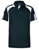 A black and white kid's polo shirt featuring a collar and a logo on the chest area.