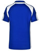A blue polo shirt with white accents and a logo on the back. The design features a sporty, athletic style.